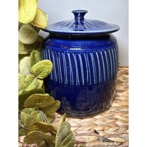 Signed Studio Pottery Blue Heavy Stoneware Canister Crock w Lid Artist Signed